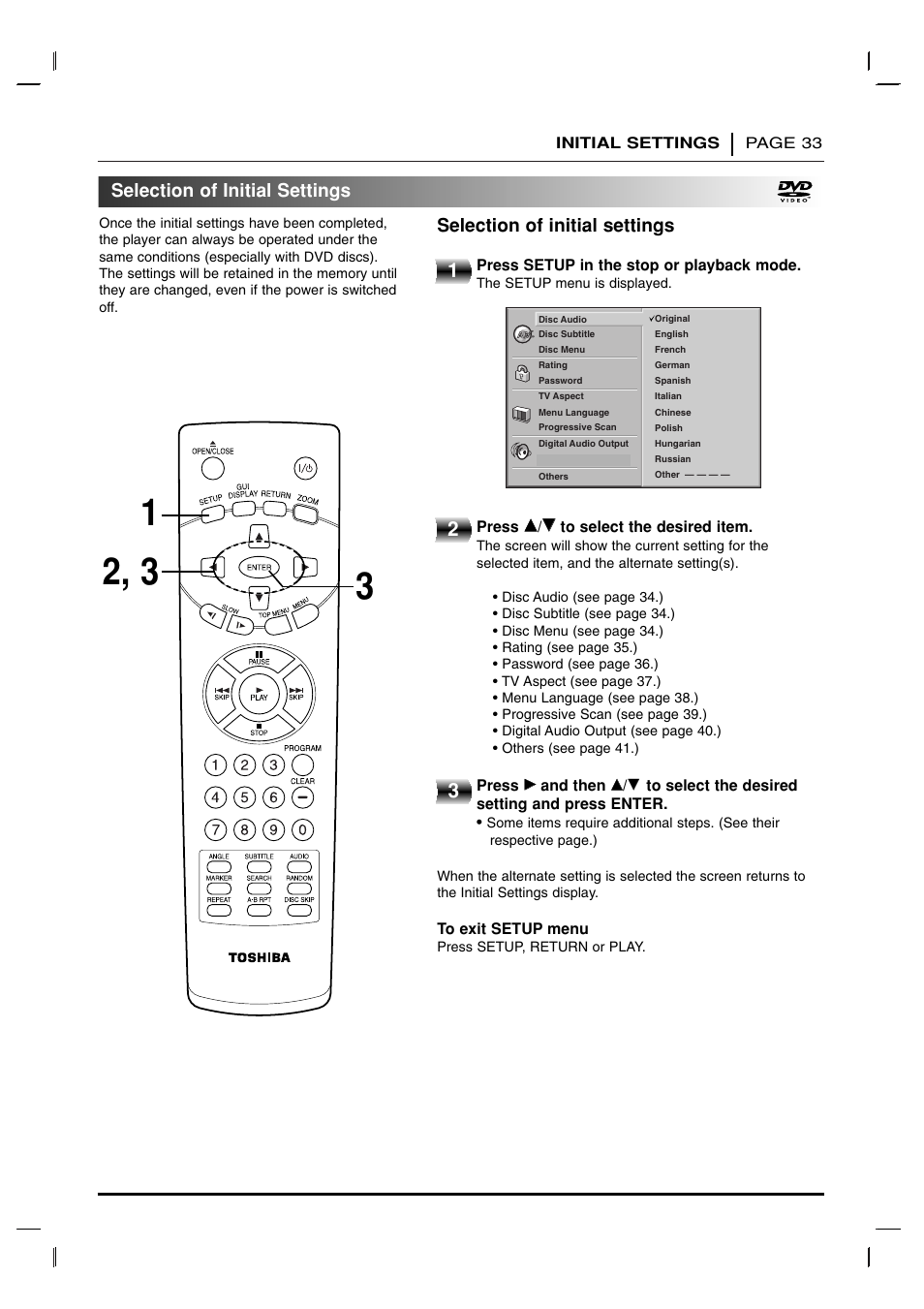 Initial settings, Selection of initial settings | Toshiba SD 3755 User Manual | Page 33 / 48