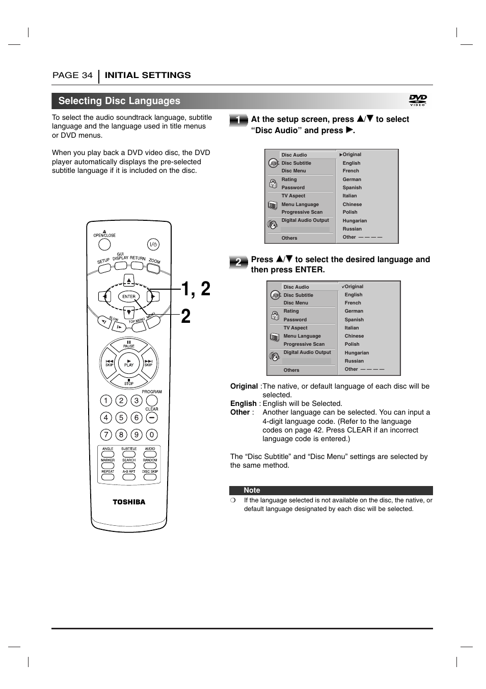 Selecting disc languages, Page 34 initial settings, At the setup screen, press | Press | Toshiba SD 3755 User Manual | Page 34 / 48