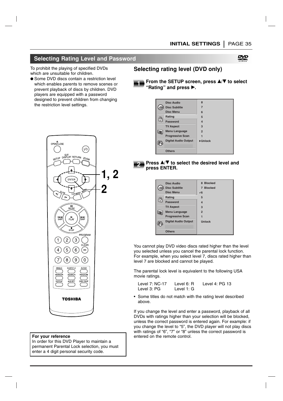 Selecting rating level and password, Initial settings page 35, Press | Toshiba SD 3755 User Manual | Page 35 / 48