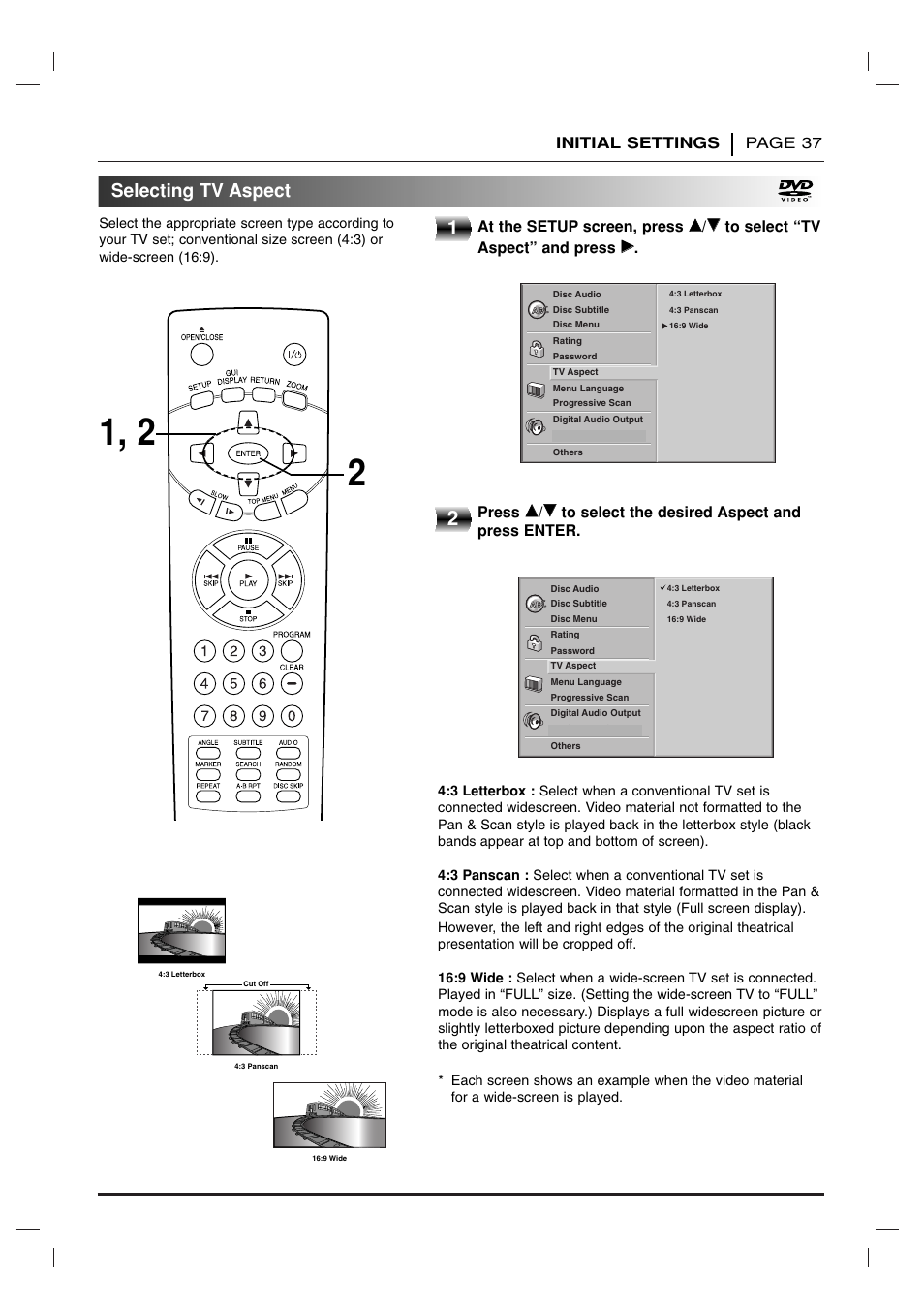 Selecting tv aspect | Toshiba SD 3755 User Manual | Page 37 / 48