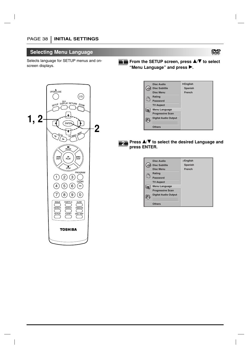 Selecting menu language | Toshiba SD 3755 User Manual | Page 38 / 48