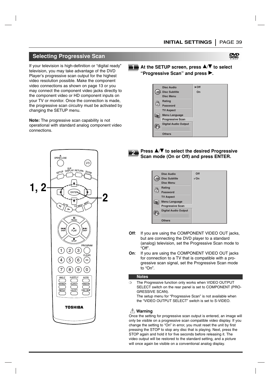 Selecting progressive scan | Toshiba SD 3755 User Manual | Page 39 / 48