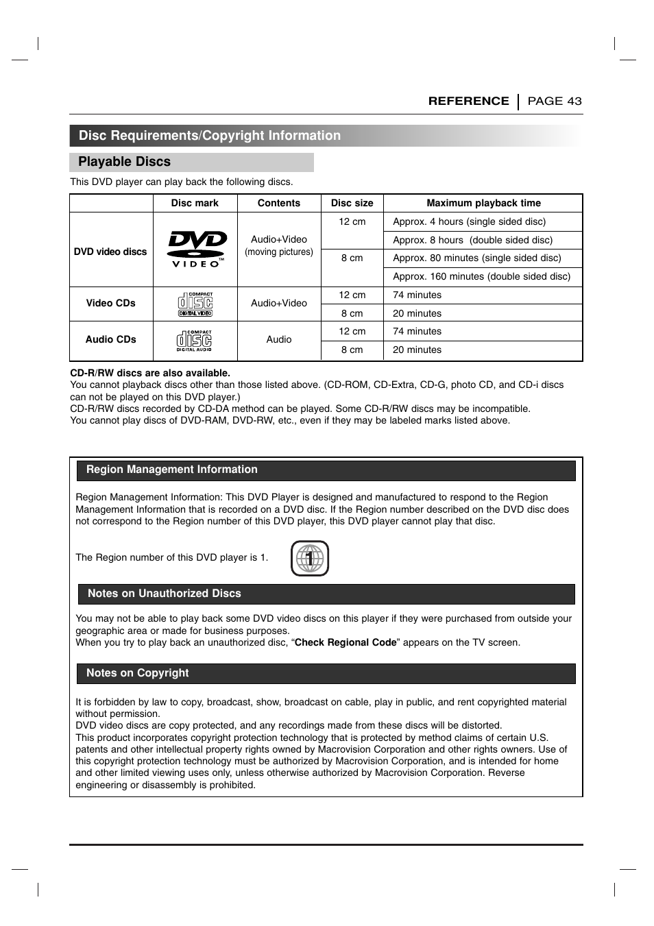 Reference, Disc requirements/copyright information | Toshiba SD 3755 User Manual | Page 43 / 48