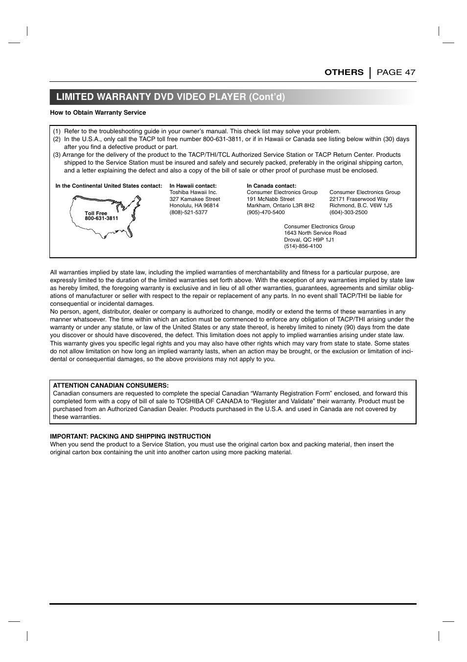 Limited warranty dvd video player (cont’d), Others page 47 | Toshiba SD 3755 User Manual | Page 47 / 48