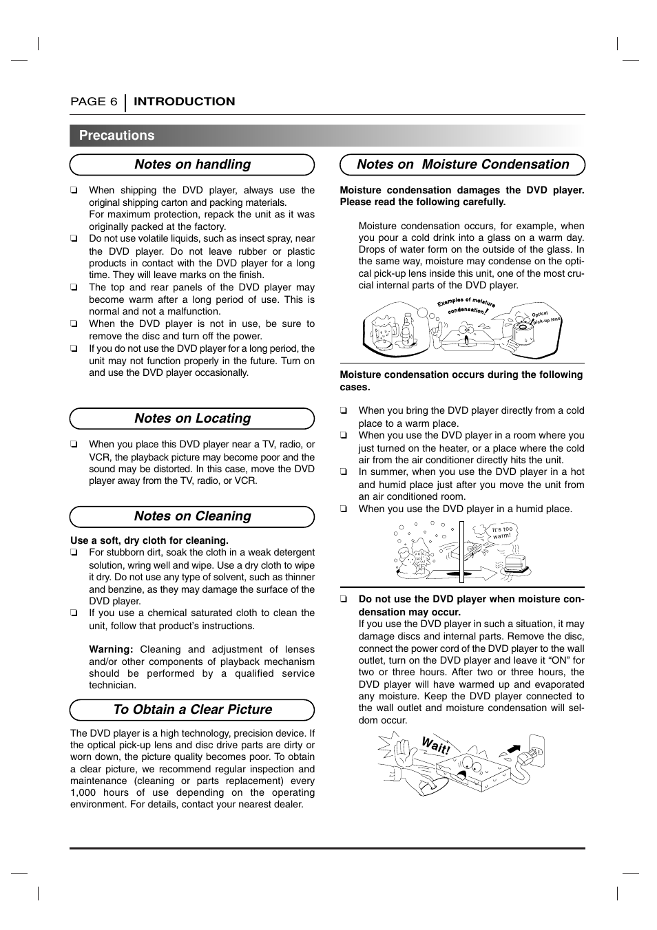 Precautions, Wait | Toshiba SD 3755 User Manual | Page 6 / 48