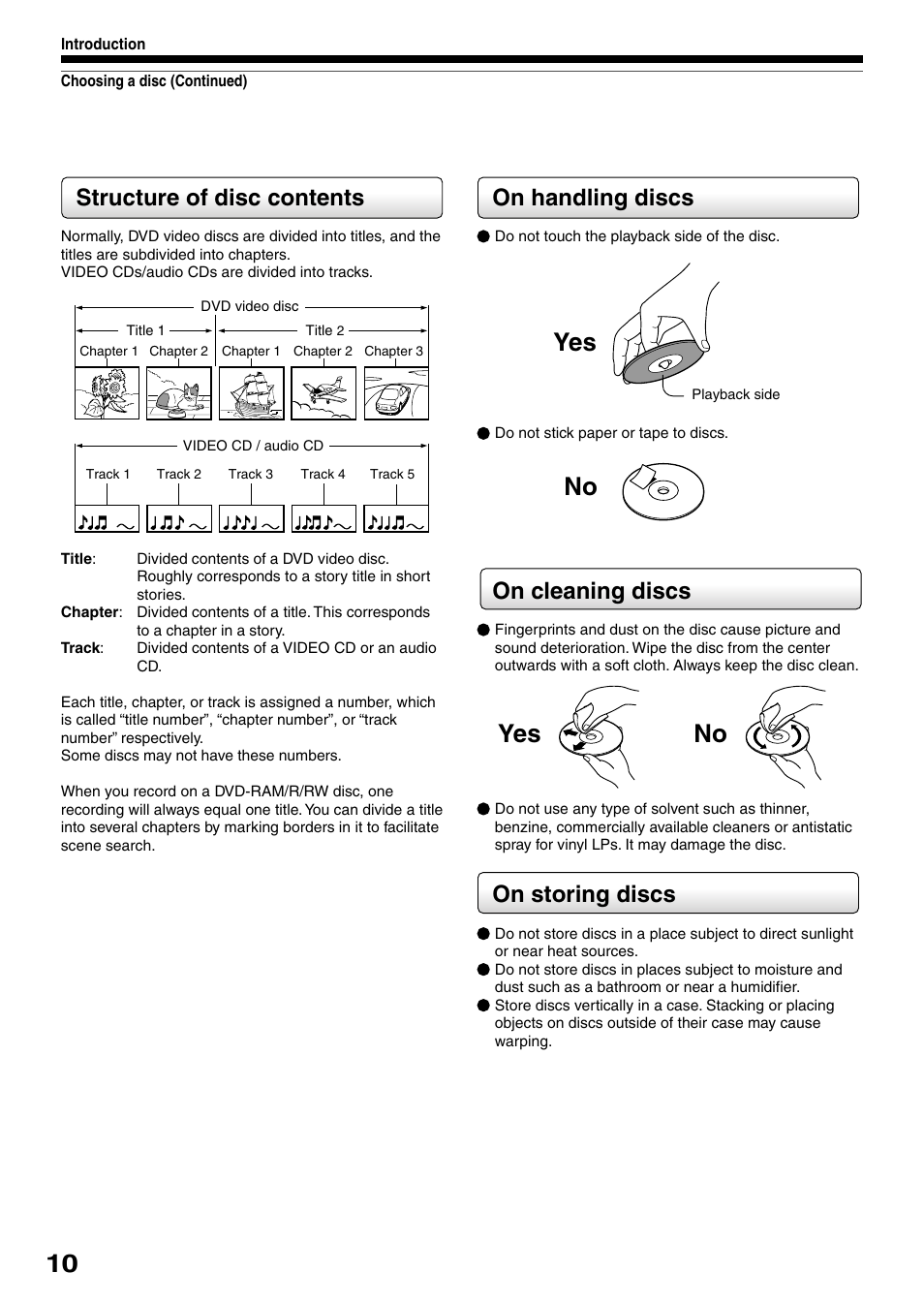 Yes no yes no, On handling discs, On cleaning discs | On storing discs, Structure of disc contents | Toshiba D-KR4SU User Manual | Page 10 / 131