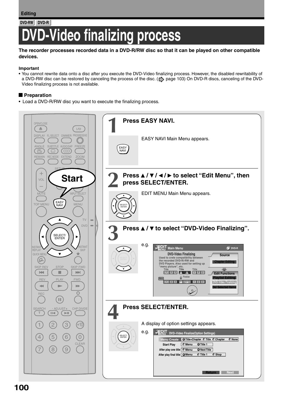 Dvd-video finalizing process, Start, Press easy navi | Press / to select “dvd-video finalizing, Press select/enter | Toshiba D-KR4SU User Manual | Page 100 / 131