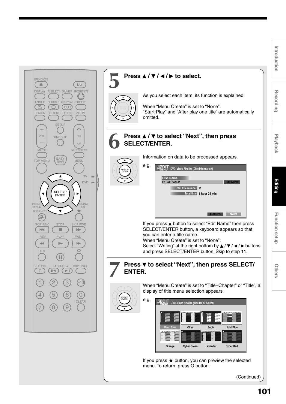 Press / / / to select, Press / to select “next”, then press select/enter, Press to select “next”, then press select/ enter | Edit | Toshiba D-KR4SU User Manual | Page 101 / 131
