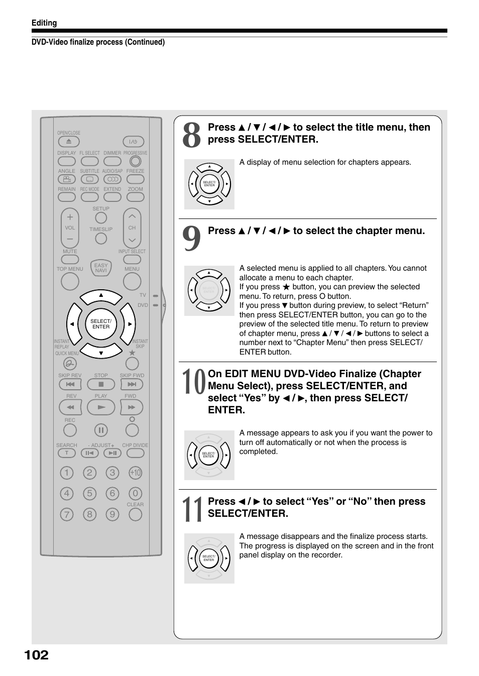 Press / / / to select the chapter menu | Toshiba D-KR4SU User Manual | Page 102 / 131