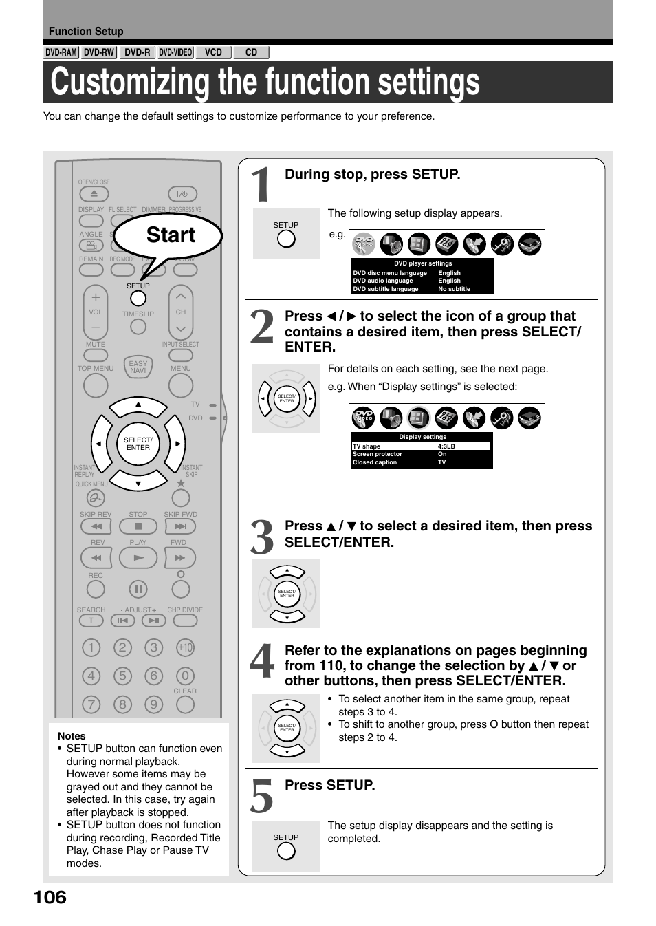 Customizing the function settings, Start, During stop, press setup | Press setup | Toshiba D-KR4SU User Manual | Page 106 / 131