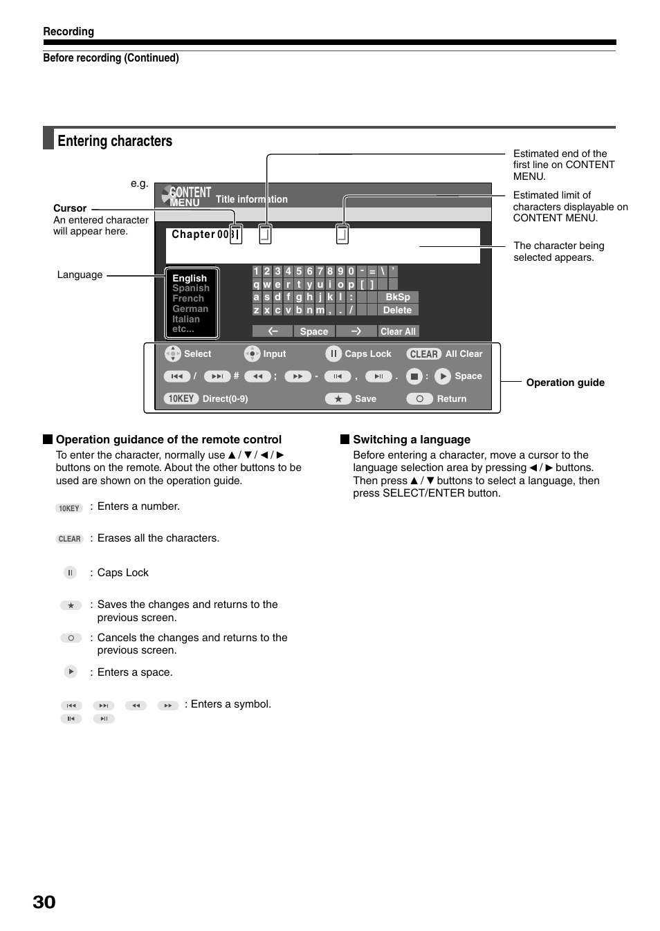 Entering characters, Content | Toshiba D-KR4SU User Manual | Page 30 / 131