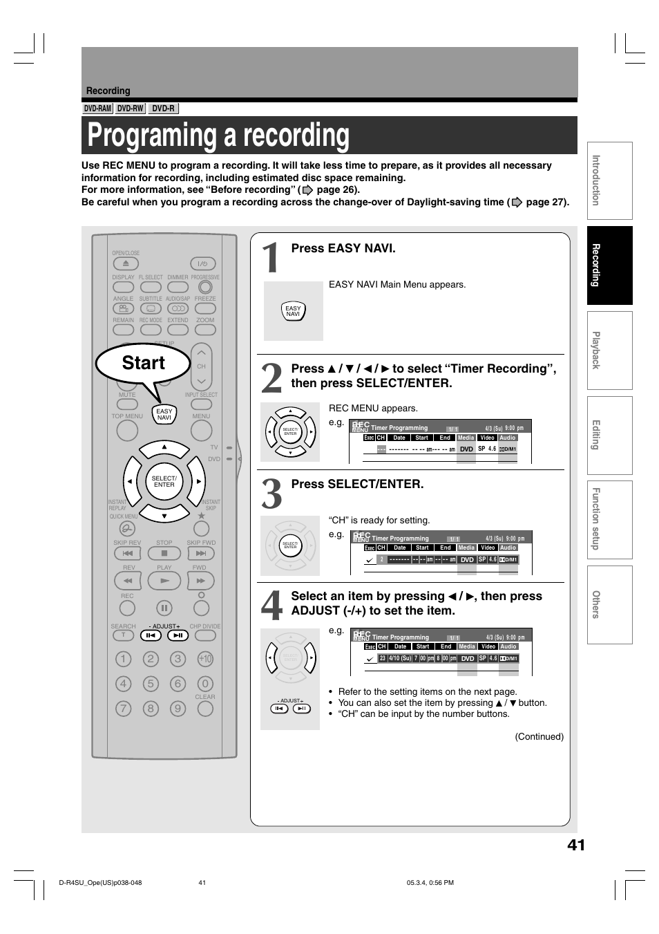 Programing a recording, Start, Press easy navi | Press select/enter | Toshiba D-KR4SU User Manual | Page 41 / 131