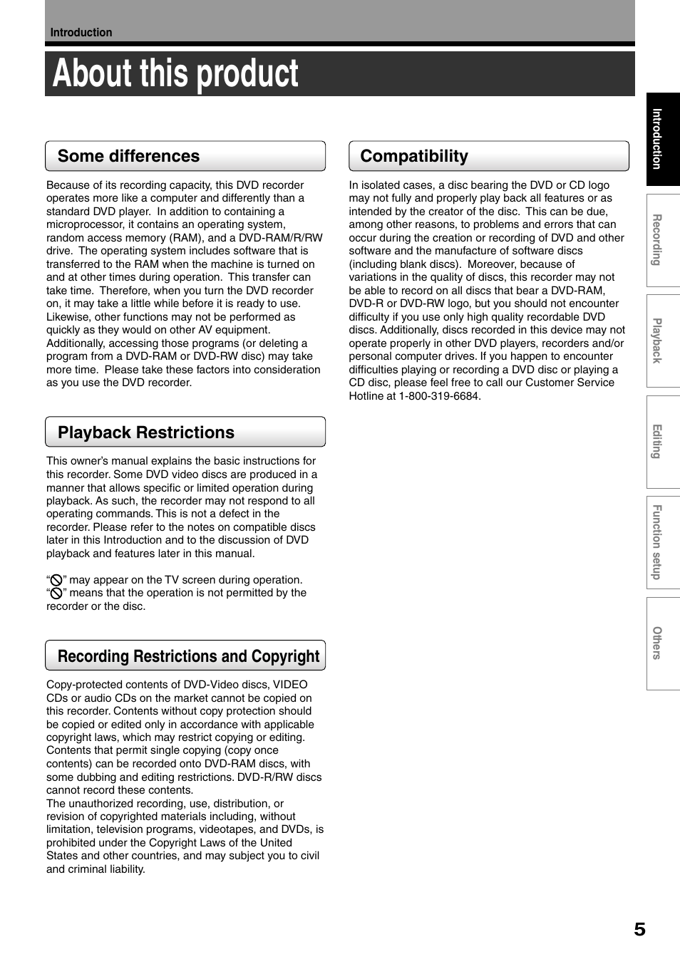 About this product, Some differences, Playback restrictions | Recording restrictions and copyright, Compatibility | Toshiba D-KR4SU User Manual | Page 5 / 131