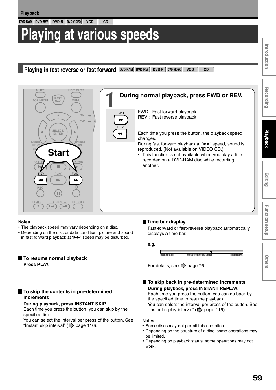 Playing at various speeds, Start, Playing in fast reverse or fast forward | During normal playback, press fwd or rev | Toshiba D-KR4SU User Manual | Page 59 / 131