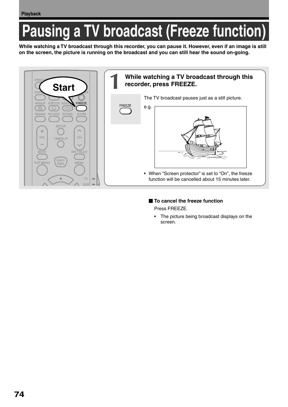 Pausing a tv broadcast (freeze function), Start | Toshiba D-KR4SU User Manual | Page 74 / 131