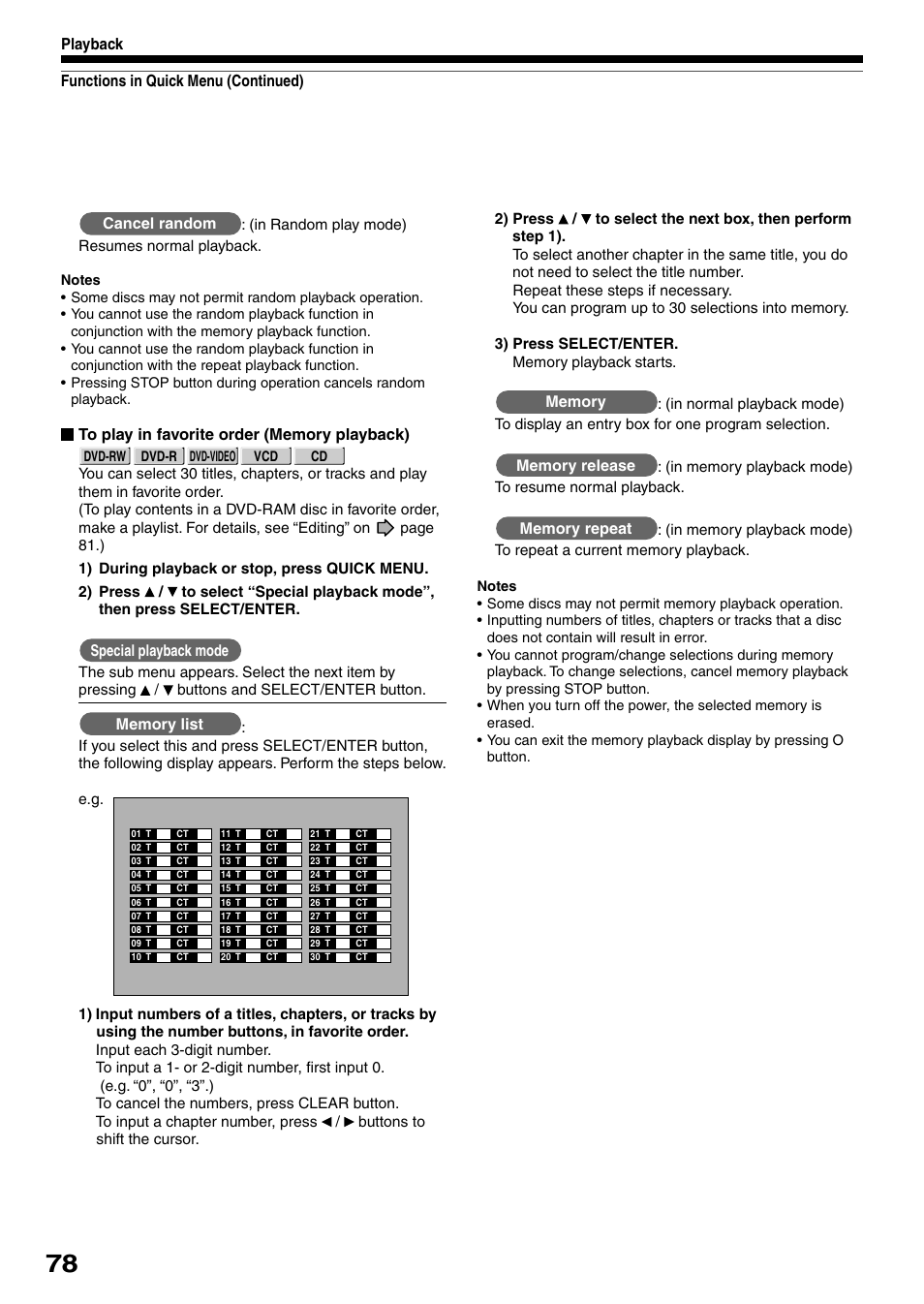 Cancel random, Special playback mode, Playback functions in quick menu (continued) | Toshiba D-KR4SU User Manual | Page 78 / 131