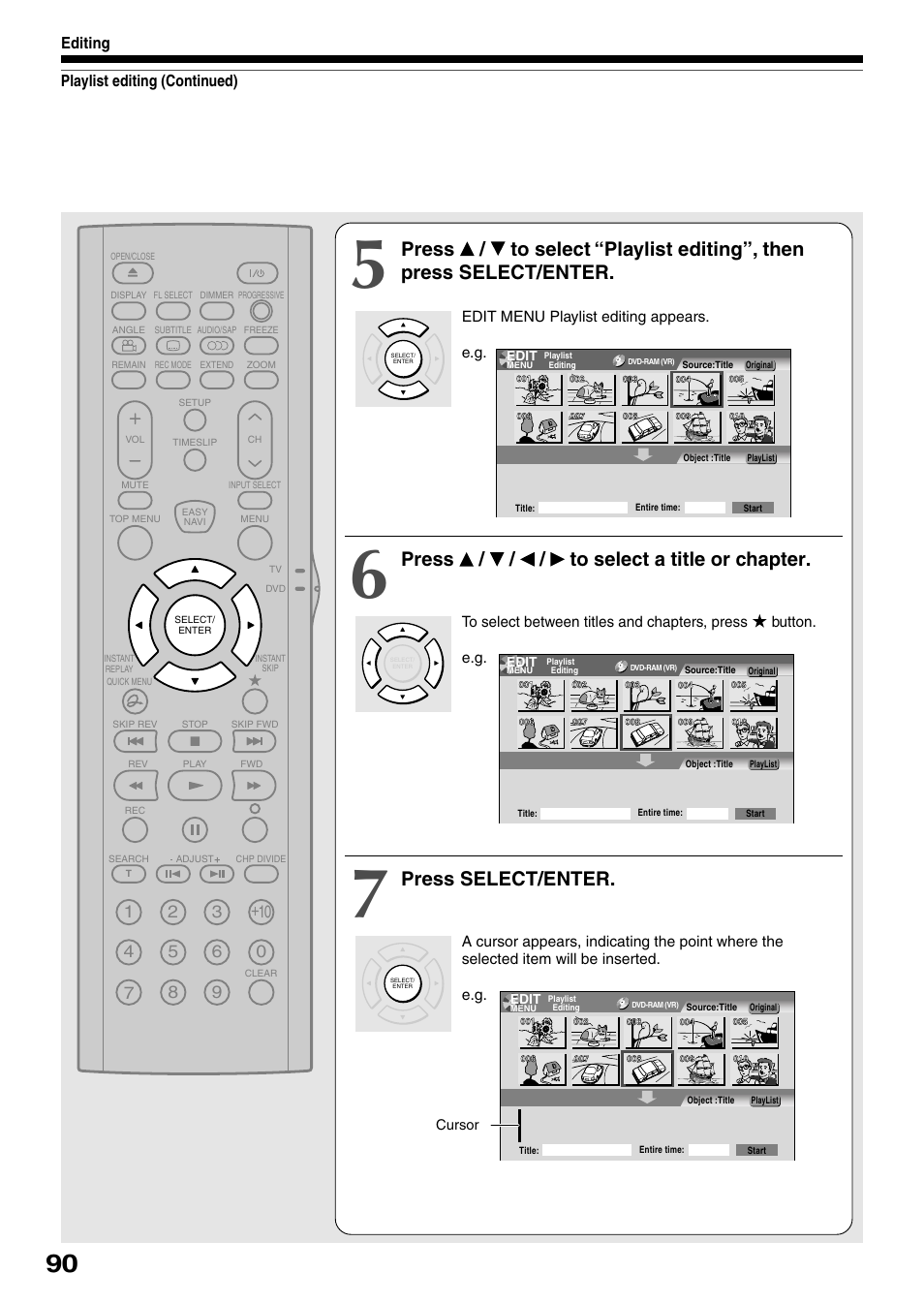 Press / / / to select a title or chapter, Press select/enter, Playlist editing (continued) editing | Toshiba D-KR4SU User Manual | Page 90 / 131