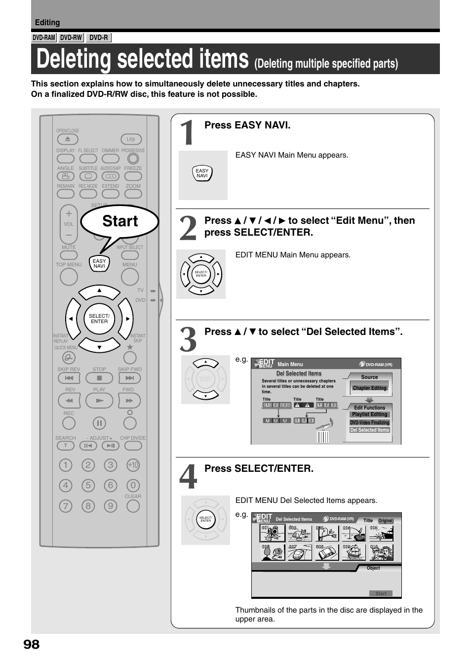Deleting selected items, Start, Deleting multiple specified parts) | Press easy navi, Press / to select “del selected items, Press select/enter | Toshiba D-KR4SU User Manual | Page 98 / 131