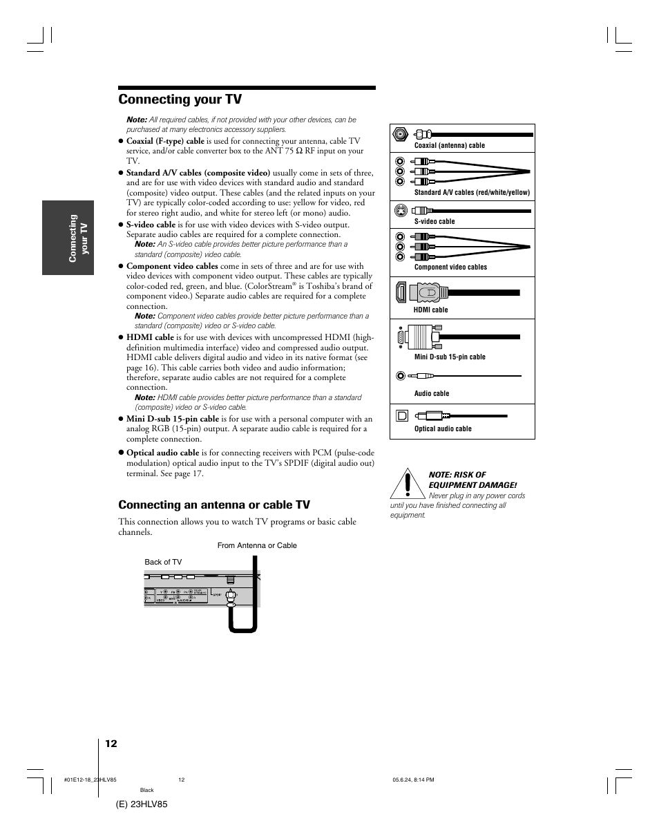 Connecting your tv, Connecting an antenna or cable tv | Toshiba 23HLV85 User Manual | Page 12 / 52