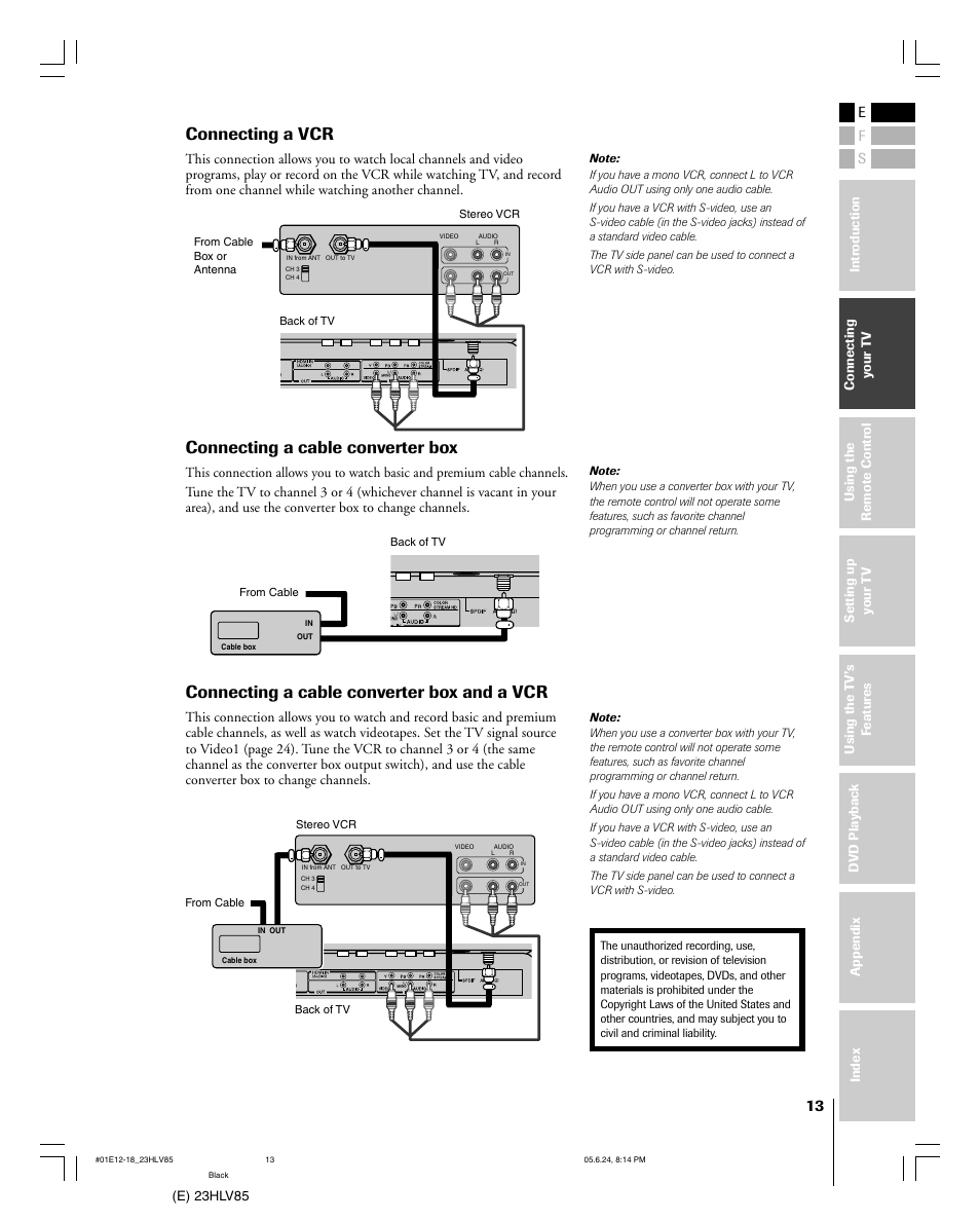 Connecting a vcr, Connecting a cable converter box, Connecting a cable converter box and a vcr | Es f | Toshiba 23HLV85 User Manual | Page 13 / 52