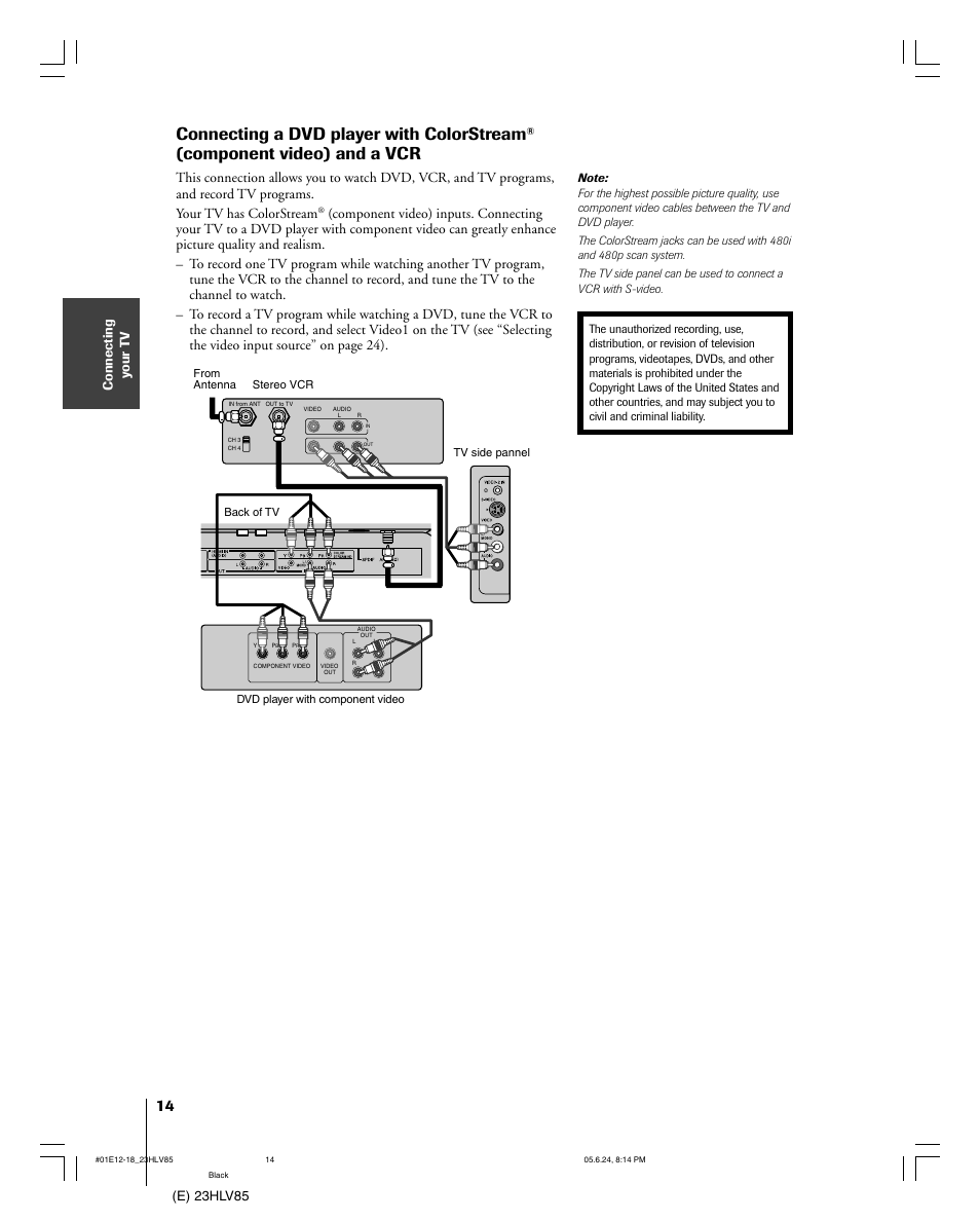 Connecting a dvd player with colorstream, Component video) and a vcr, E) 23hlv85 connecting y our t v | Toshiba 23HLV85 User Manual | Page 14 / 52