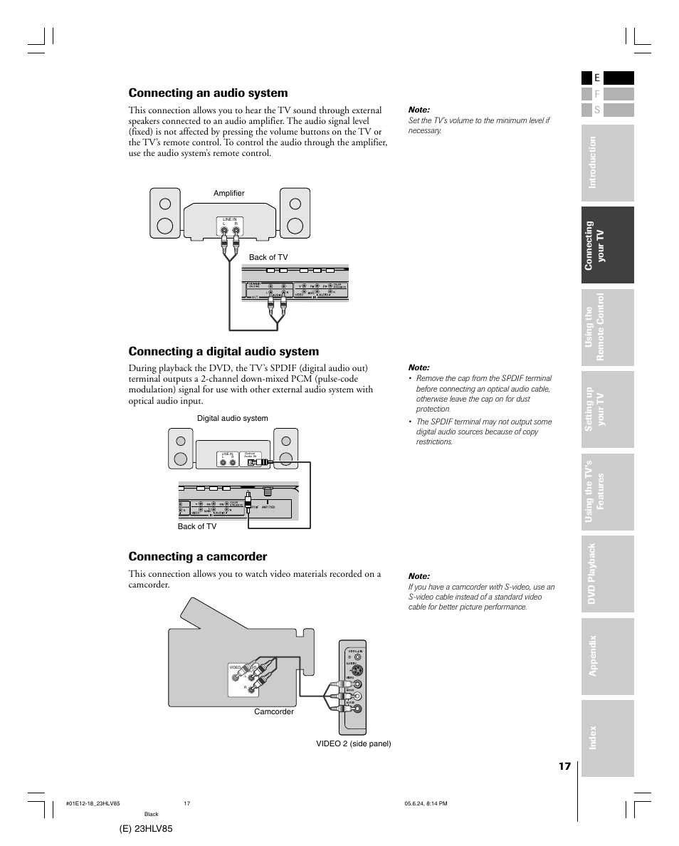 Connecting an audio system, Connecting a digital audio system, Connecting a camcorder | Toshiba 23HLV85 User Manual | Page 17 / 52