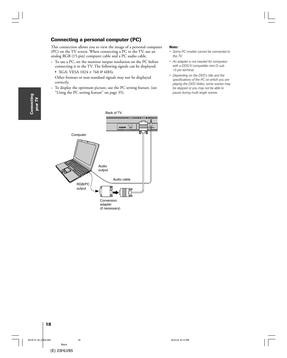 Connecting a personal computer (pc) | Toshiba 23HLV85 User Manual | Page 18 / 52