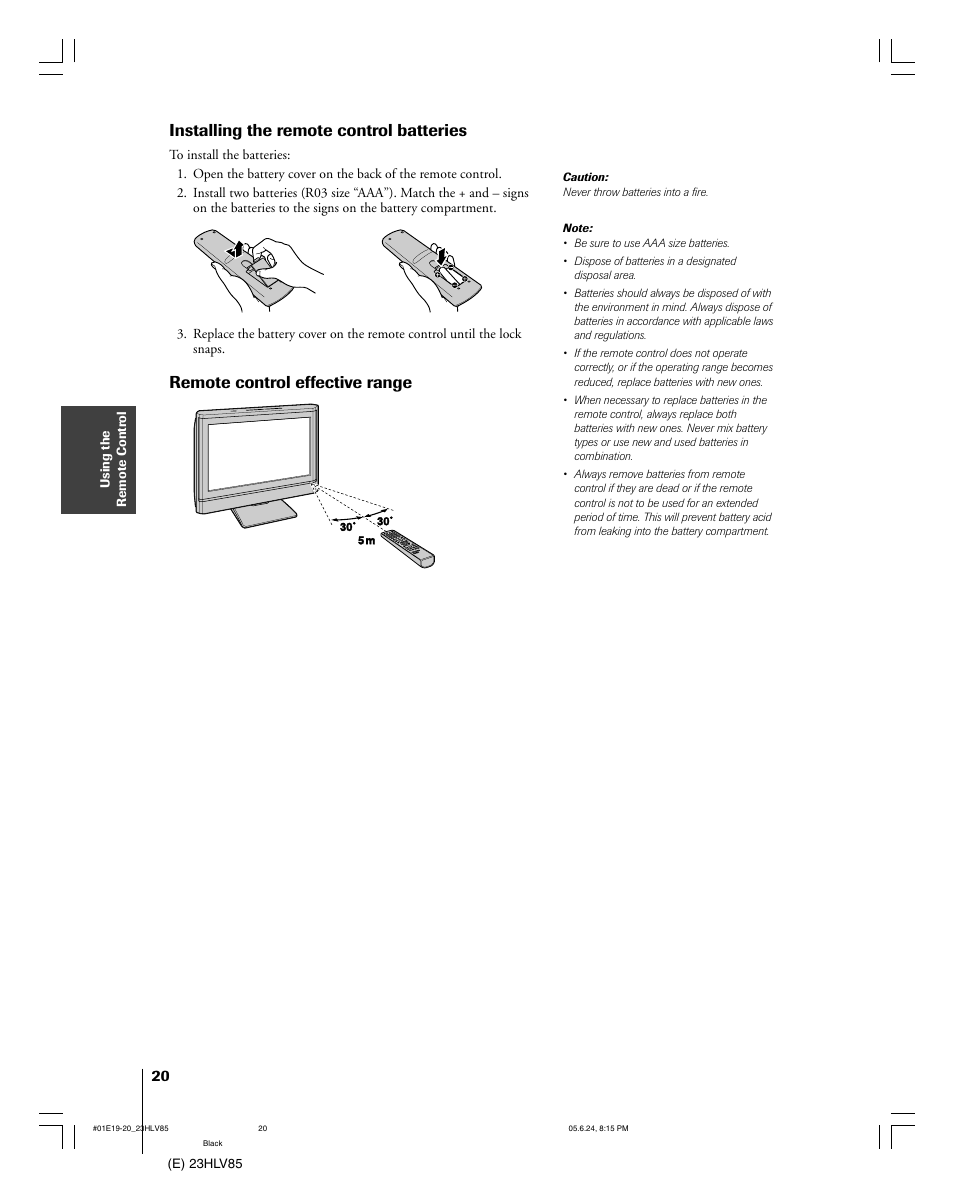 Installing the remote control batteries, Remote control effective range | Toshiba 23HLV85 User Manual | Page 20 / 52