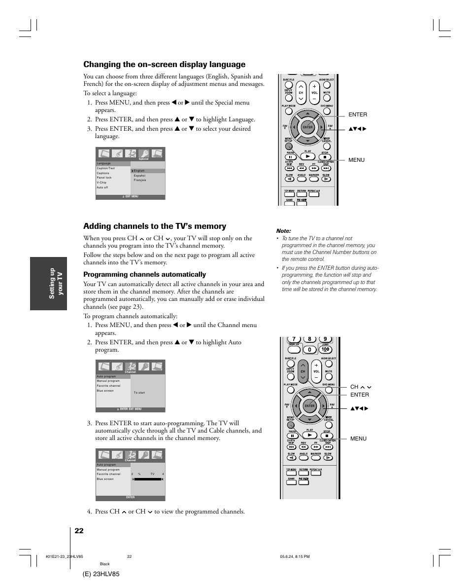 Changing the on-screen display language, Programming channels automatically | Toshiba 23HLV85 User Manual | Page 22 / 52