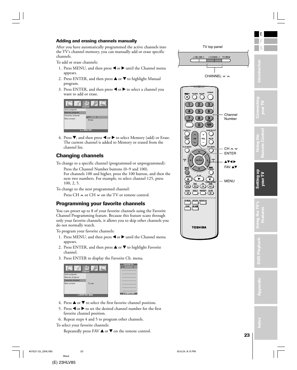 Changing channels, Programming your favorite channels | Toshiba 23HLV85 User Manual | Page 23 / 52