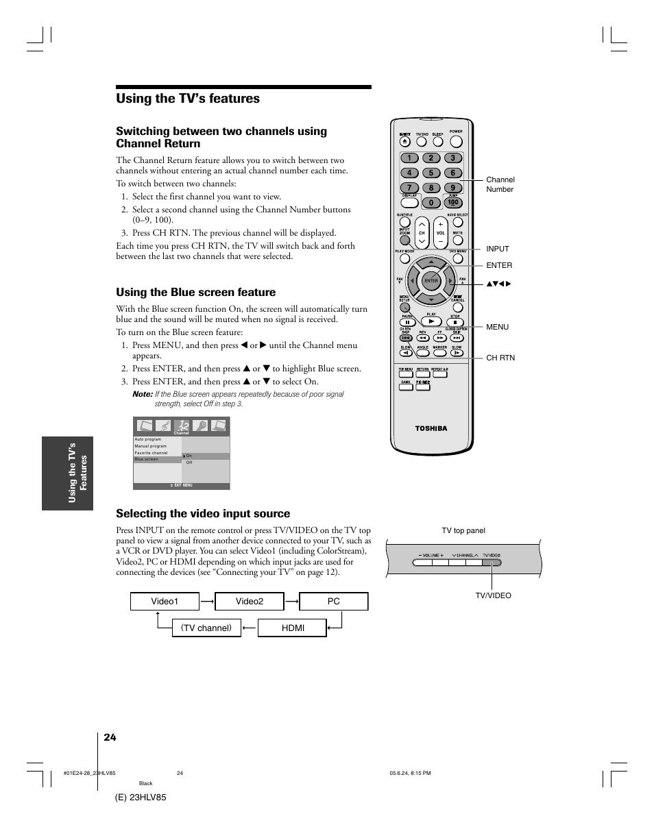 Using the tv’s features, Using the blue screen feature, Selecting the video input source | Toshiba 23HLV85 User Manual | Page 24 / 52