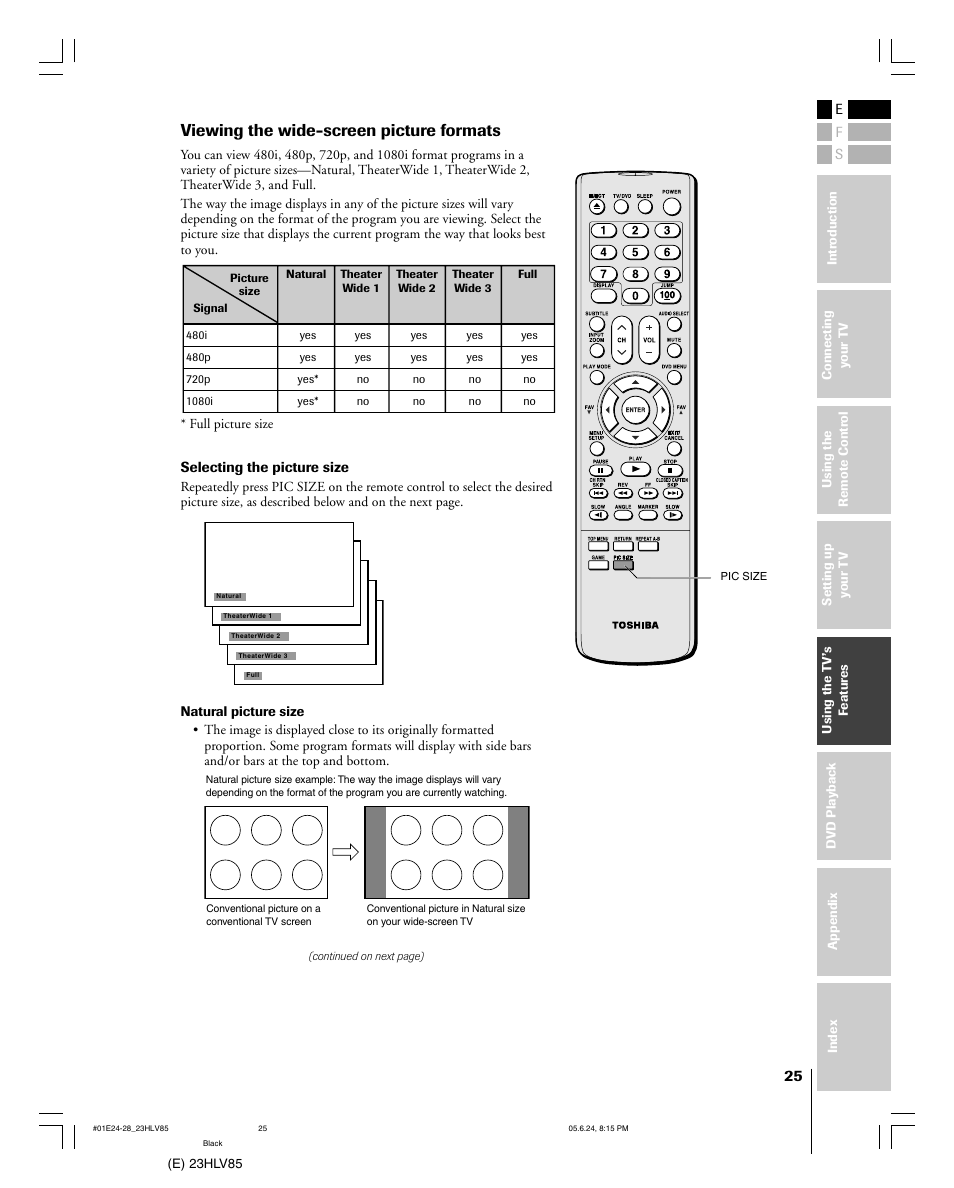 Viewing the wide-screen picture formats | Toshiba 23HLV85 User Manual | Page 25 / 52