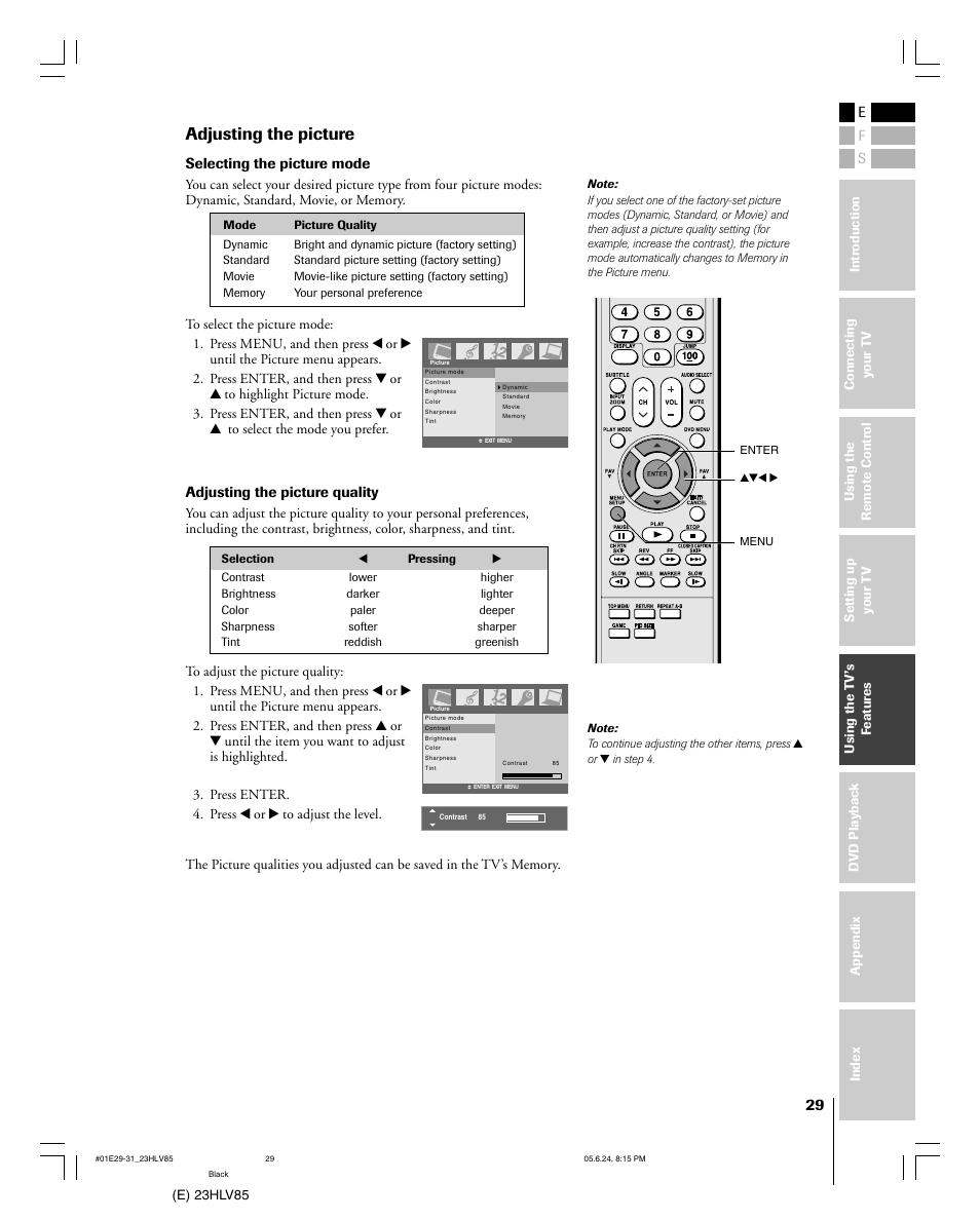 Adjusting the picture | Toshiba 23HLV85 User Manual | Page 29 / 52