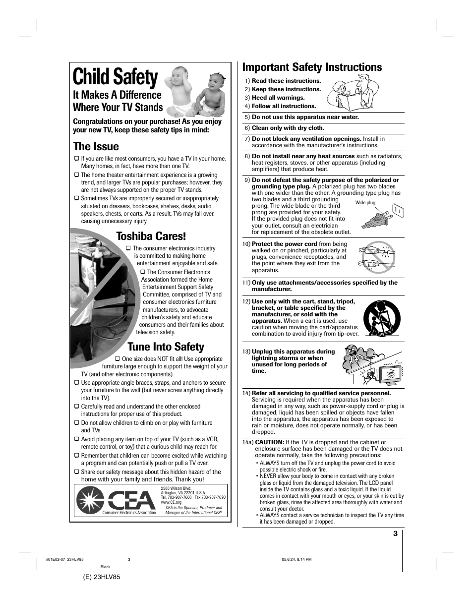 Child safety, Important safety instructions, It makes a difference where your tv stands | The issue, Toshiba cares, Tune into safety | Toshiba 23HLV85 User Manual | Page 3 / 52