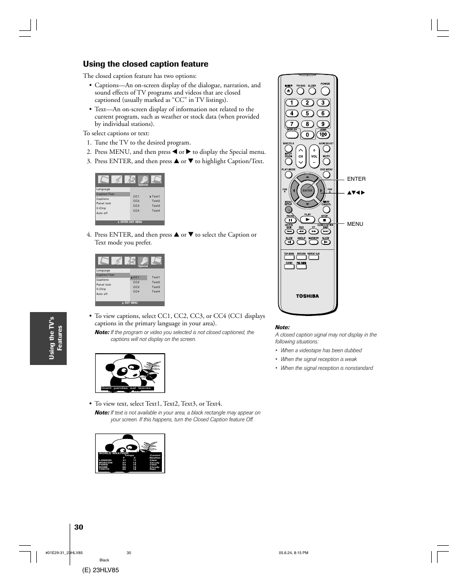 Using the closed caption feature, E) 23hlv85 using the t v’s f eatur es | Toshiba 23HLV85 User Manual | Page 30 / 52