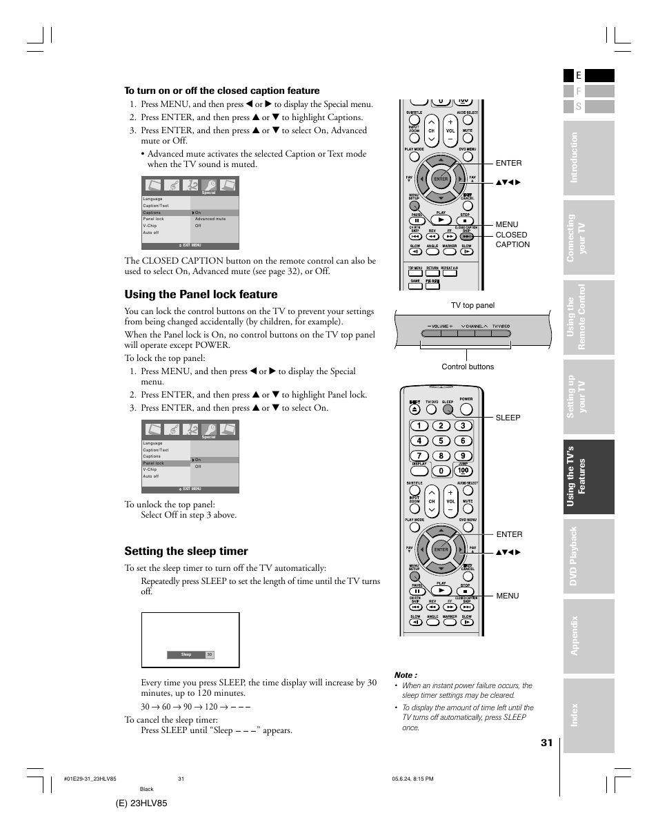 Using the panel lock feature, Setting the sleep timer | Toshiba 23HLV85 User Manual | Page 31 / 52