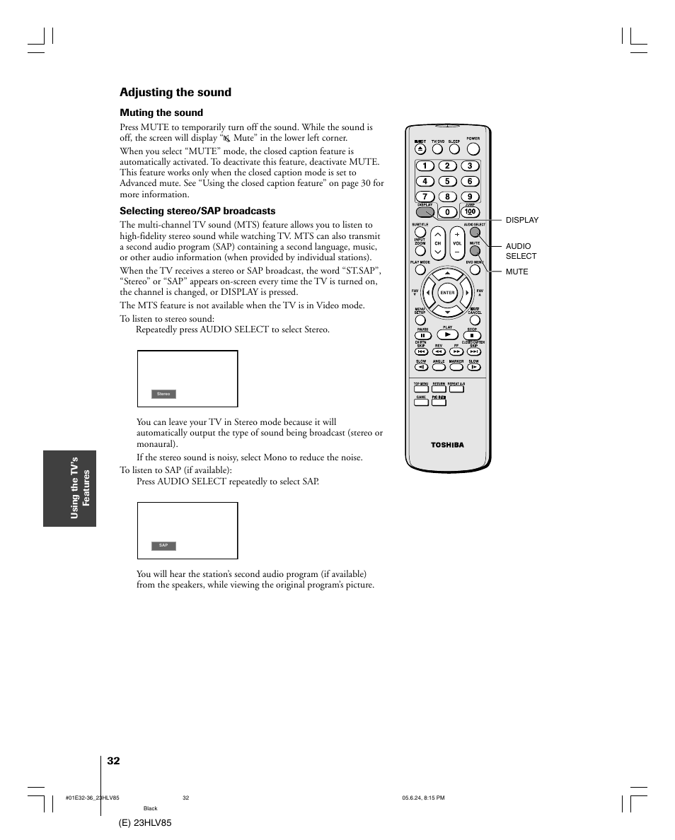 Adjusting the sound | Toshiba 23HLV85 User Manual | Page 32 / 52