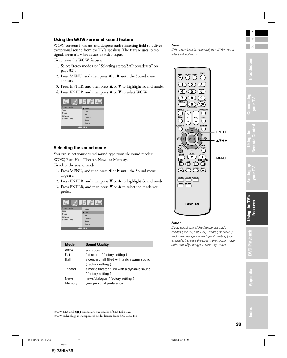 Es f, Using the wow surround sound feature, Selecting the sound mode | Toshiba 23HLV85 User Manual | Page 33 / 52