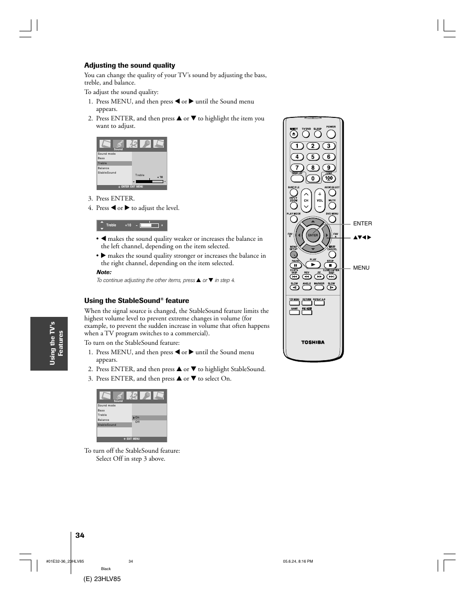 Adjusting the sound quality, Using the stablesound, Feature | Toshiba 23HLV85 User Manual | Page 34 / 52