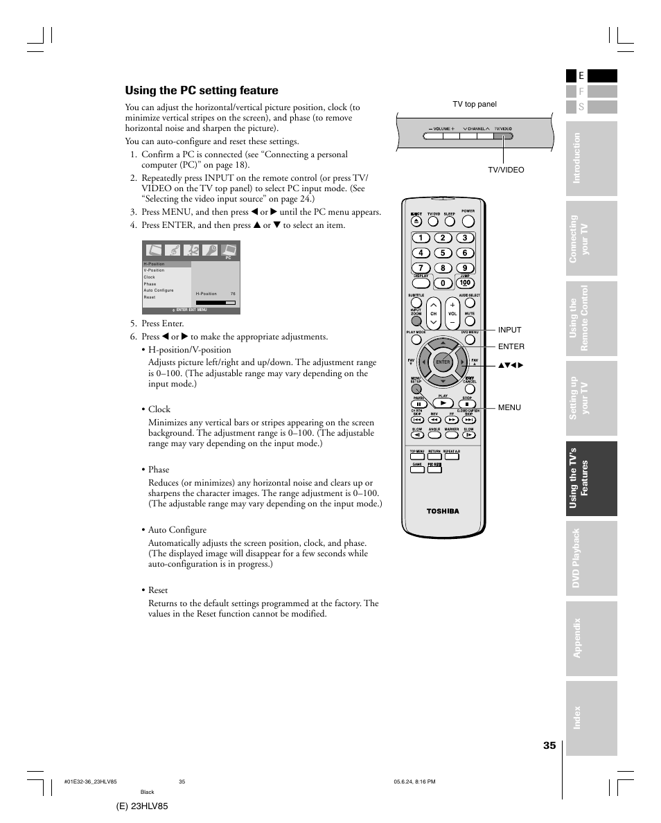 Using the pc setting feature | Toshiba 23HLV85 User Manual | Page 35 / 52