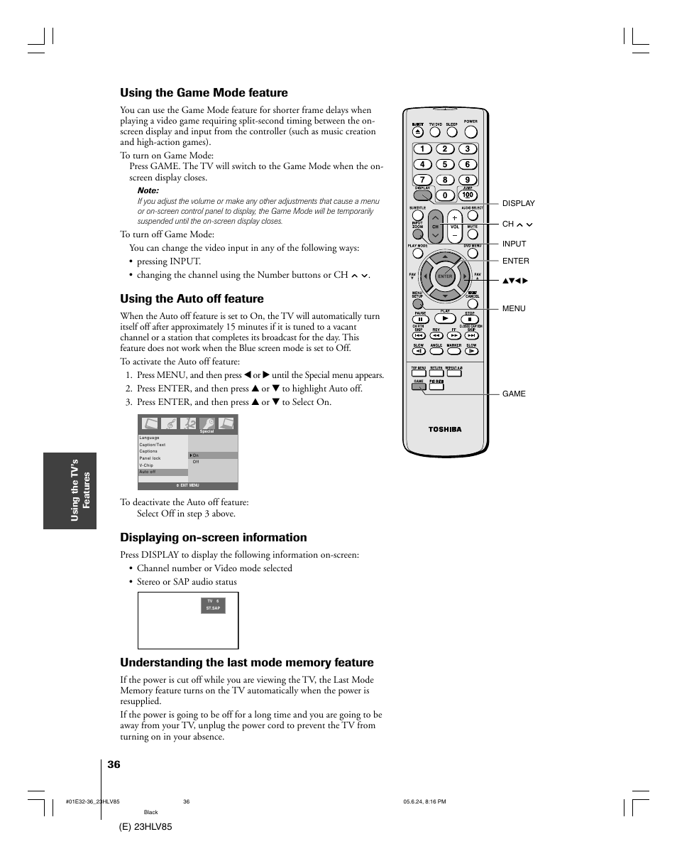 Using the game mode feature, Using the auto off feature, Displaying on-screen information | Toshiba 23HLV85 User Manual | Page 36 / 52