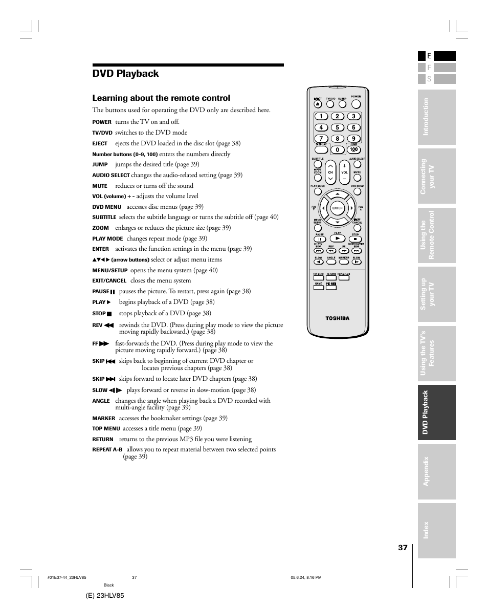 Dvd playback, Learning about the remote control | Toshiba 23HLV85 User Manual | Page 37 / 52