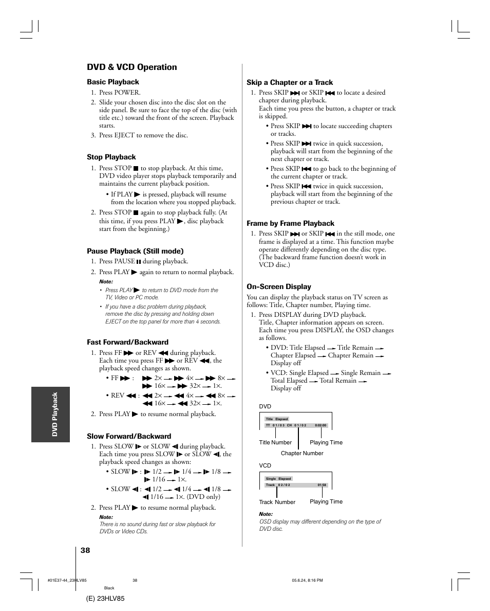 Dvd & vcd operation | Toshiba 23HLV85 User Manual | Page 38 / 52