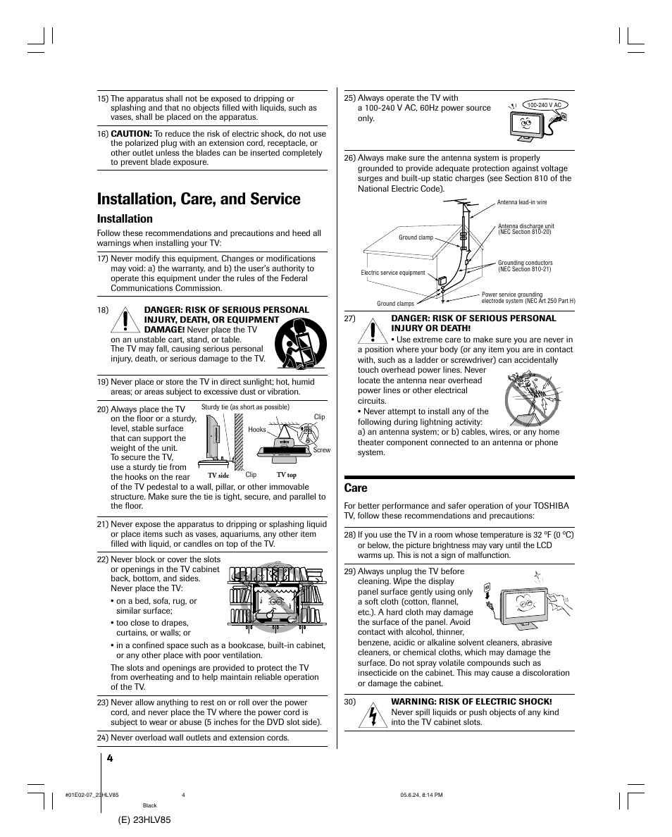 Installation, care, and service, Installation, Care | Toshiba 23HLV85 User Manual | Page 4 / 52