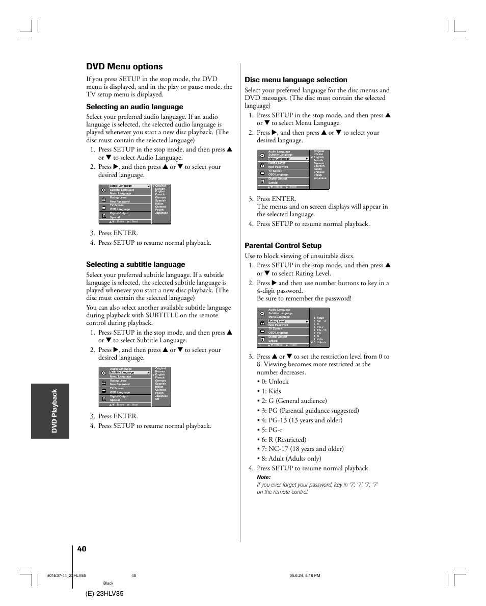 Dvd menu options, Selecting an audio language, Selecting a subtitle language | Disc menu language selection, Parental control setup, E) 23hlv85 dv d playback | Toshiba 23HLV85 User Manual | Page 40 / 52