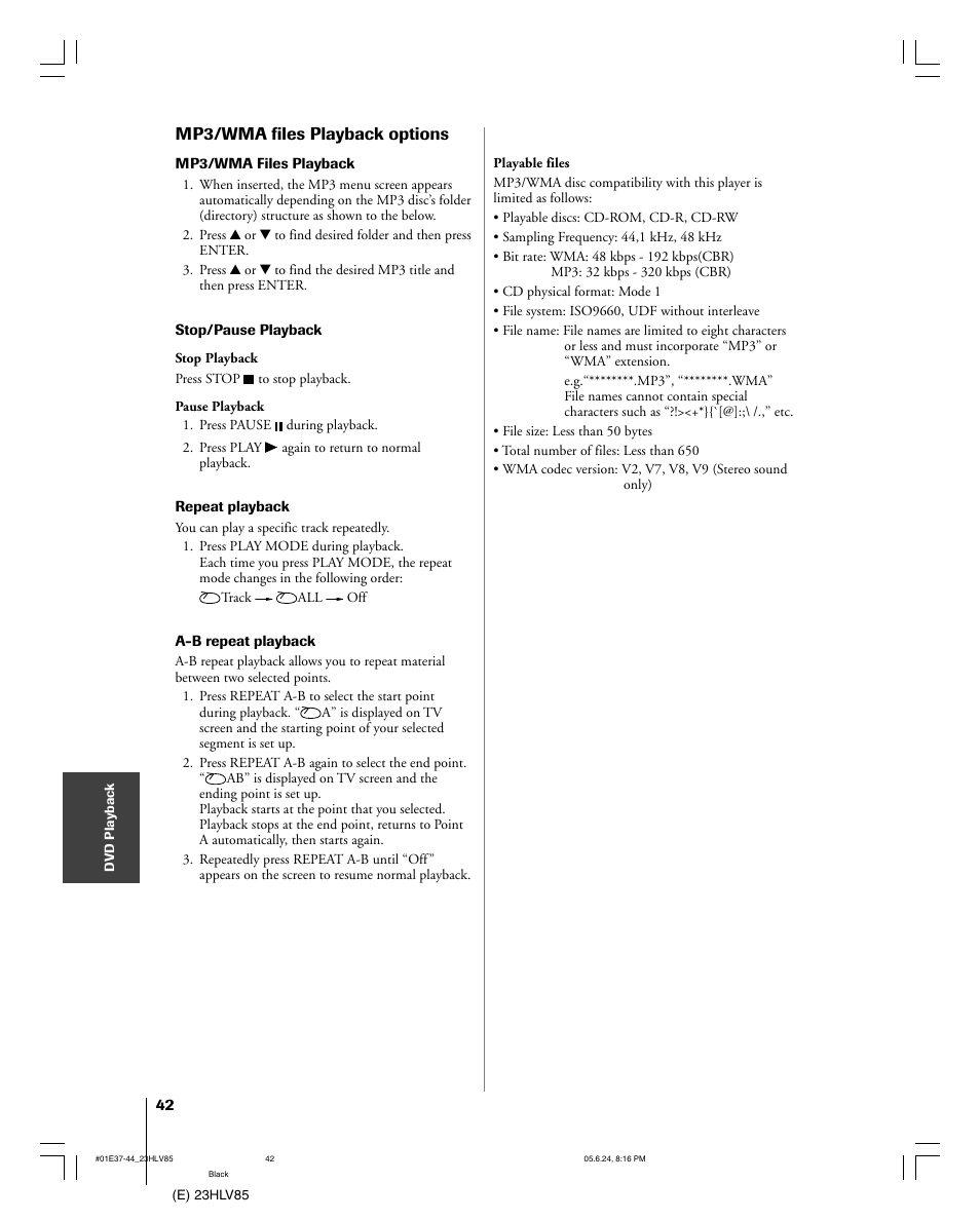 Mp3/wma files playback options | Toshiba 23HLV85 User Manual | Page 42 / 52