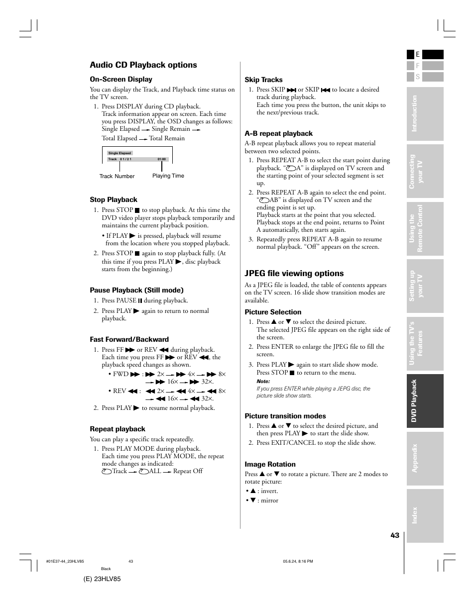 Jpeg file viewing options, Audio cd playback options | Toshiba 23HLV85 User Manual | Page 43 / 52