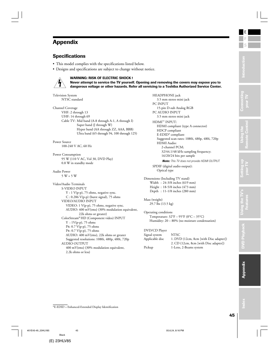 Appendix, Specifications | Toshiba 23HLV85 User Manual | Page 45 / 52