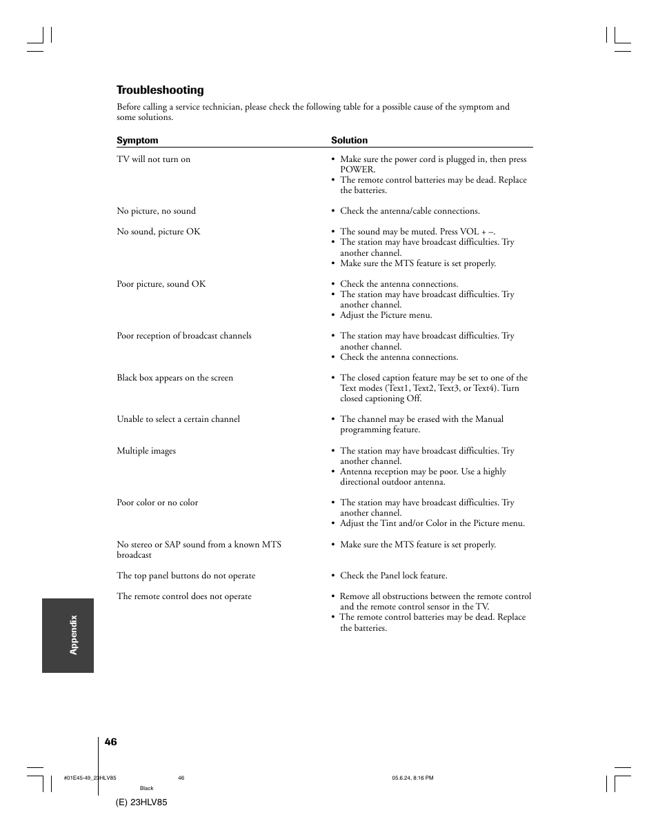 Troubleshooting | Toshiba 23HLV85 User Manual | Page 46 / 52