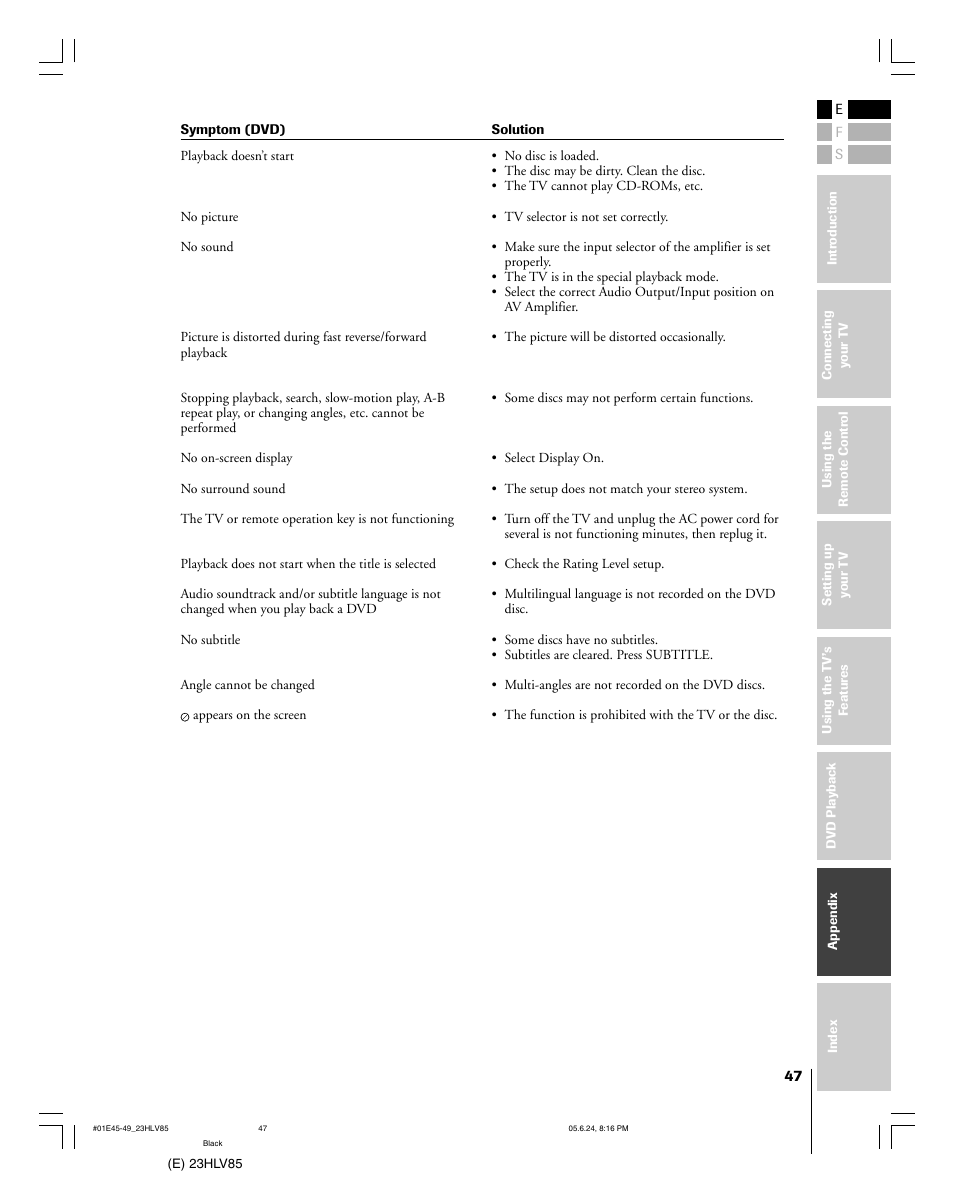 Toshiba 23HLV85 User Manual | Page 47 / 52